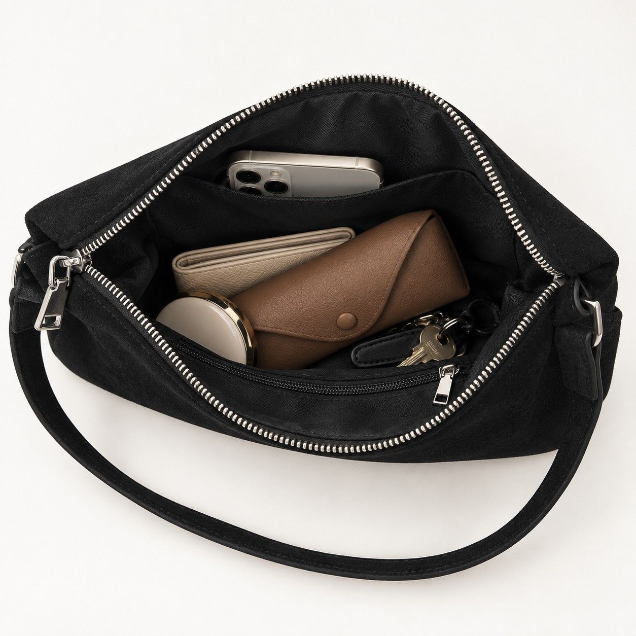 Faux Suede Hobo Shoulder Bag with Zip Closure and Interior Pockets