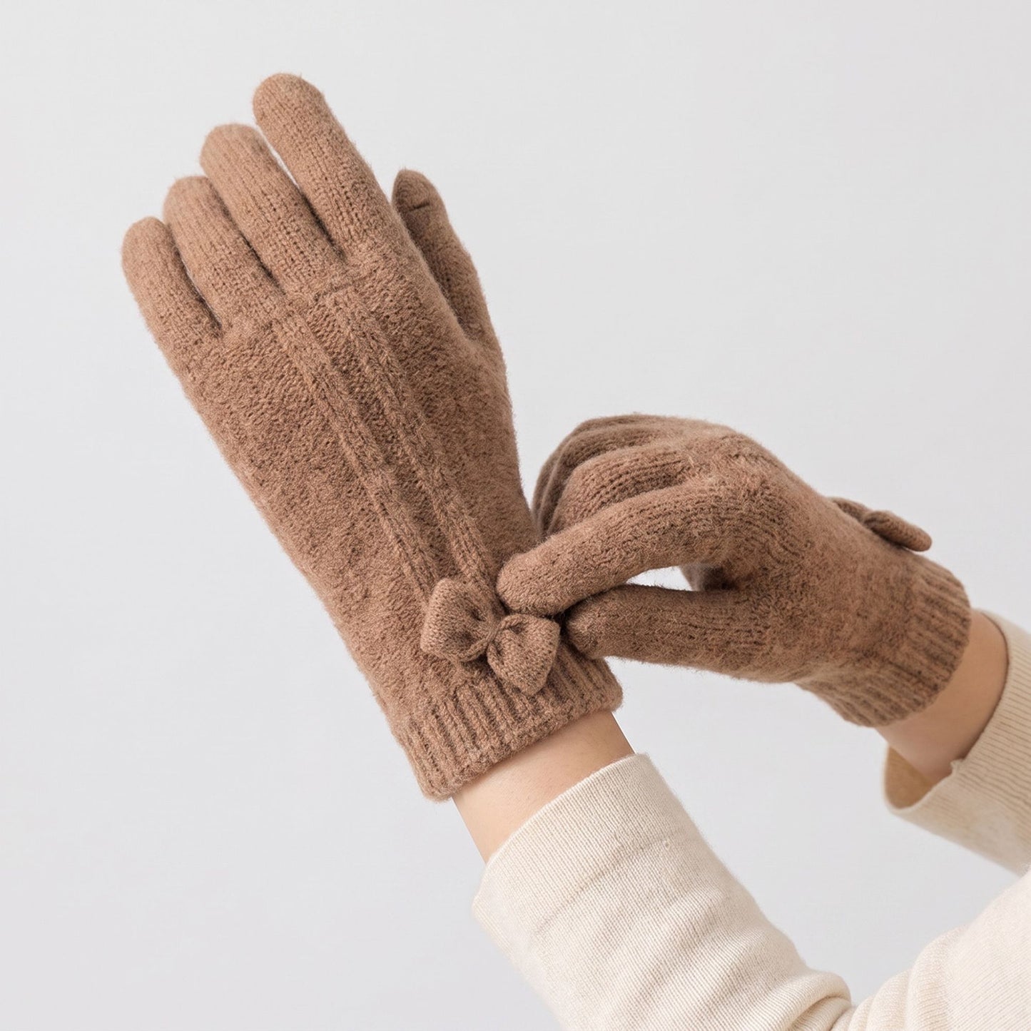 Knit Bow Detail Full Finger Gloves for Cold Weather