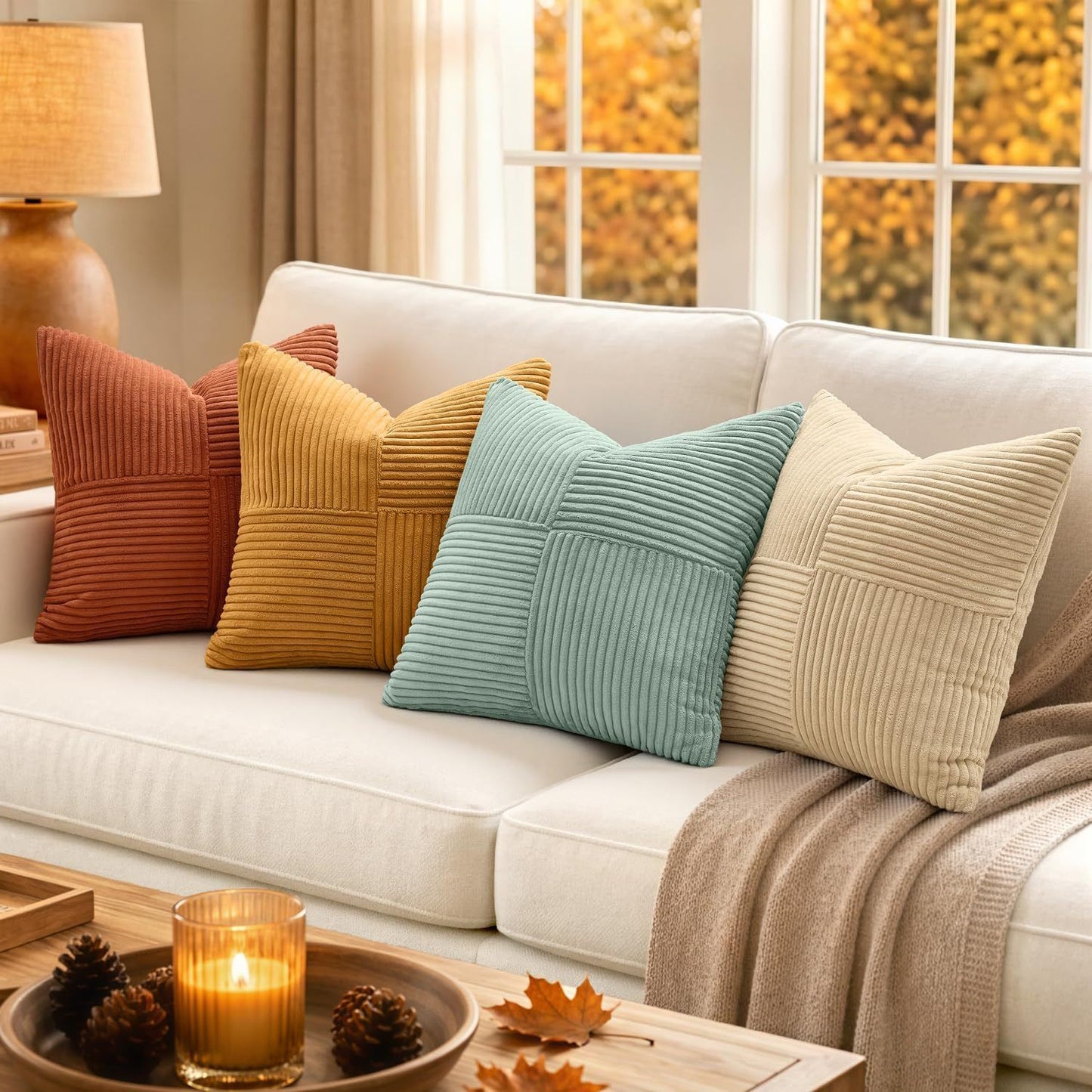 4 Pack Patchwork Corduroy Throw Pillow Covers 18 x 18 Inch for Sofa and Bed
