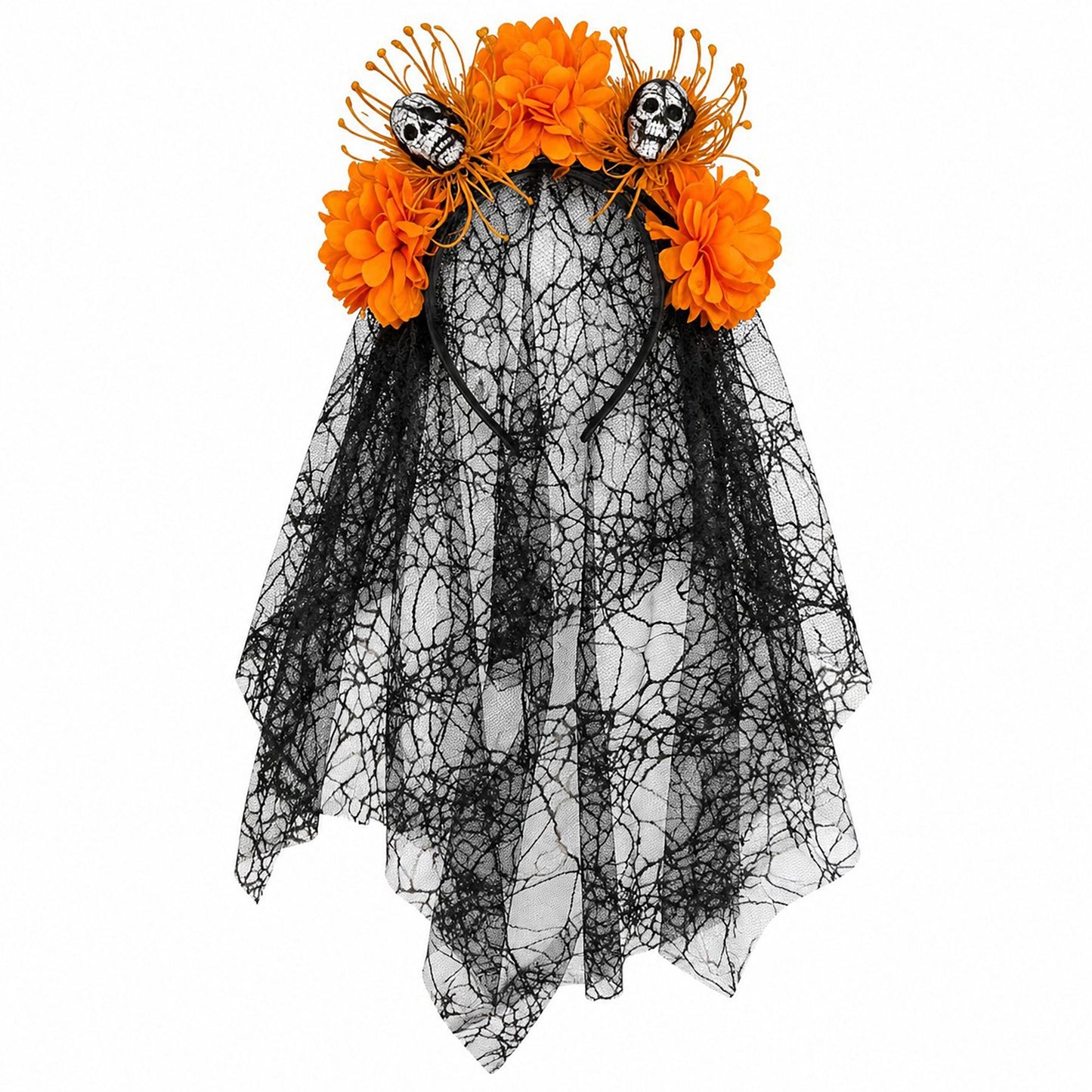 Halloween Floral Skull Headband with Spiderweb Lace Veil