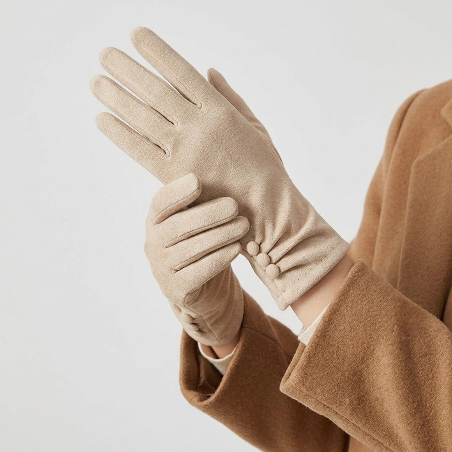 Faux Suede Winter Gloves with Pleated Wrist and Button Detail 9.4 x 3.3in