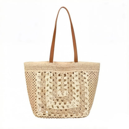 Woven Crochet Tote Bag with Openwork Panel Design Leather Shoulder Strap Lightweight Knit Handbag