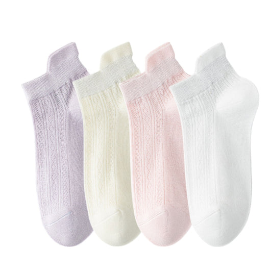 4 Pairs Women Low-Cut Lace Knit Ankle Socks Soft Stretch Cotton Mesh Design Breathable Lightweight Everyday Wear