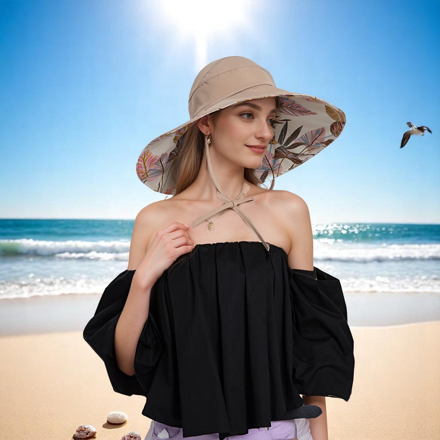 Wide Brim Sun Hat with Ponytail Hole Neck Tie Closure and Patterned Lining for UV Protection and Outdoor Style