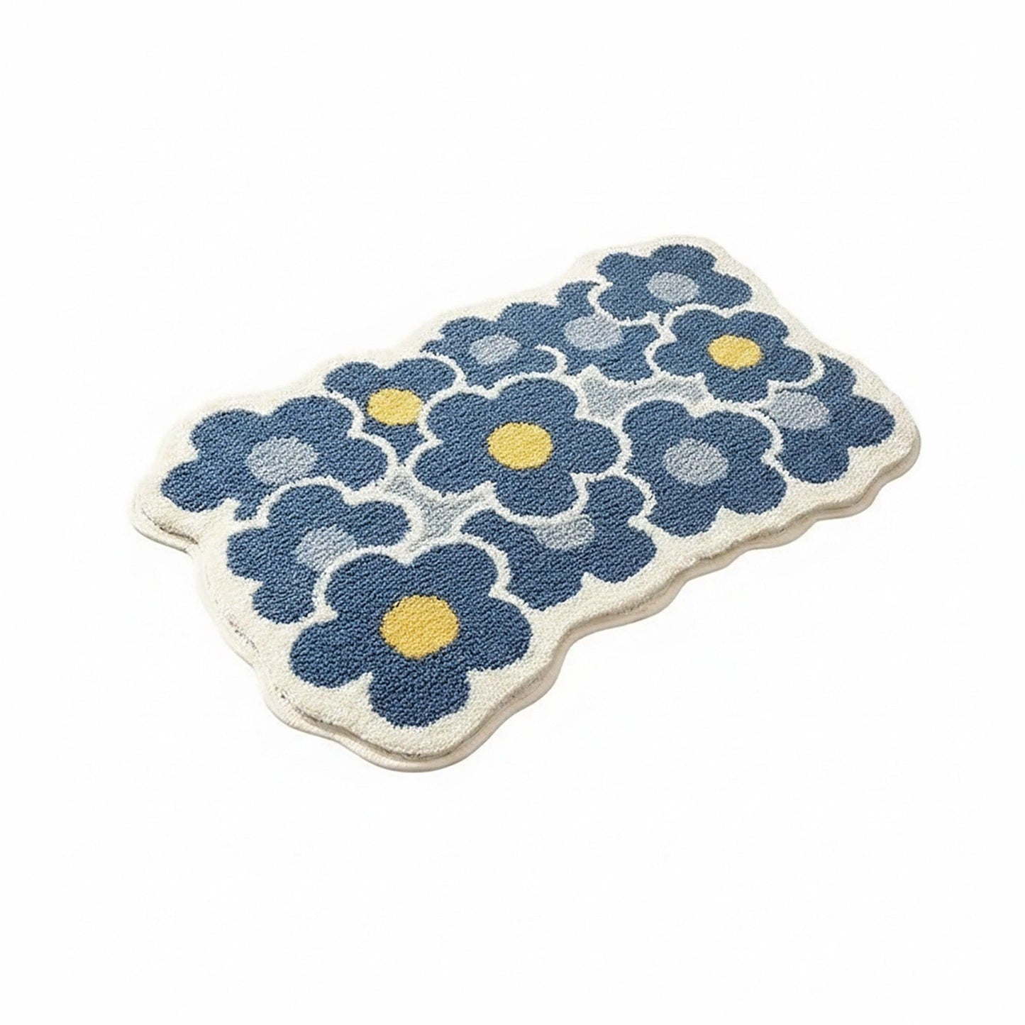 Tufted Floor Mat with Floral Daisy Pattern Non Slip Backing Soft Plush Decorative Scalloped Edge Rug
