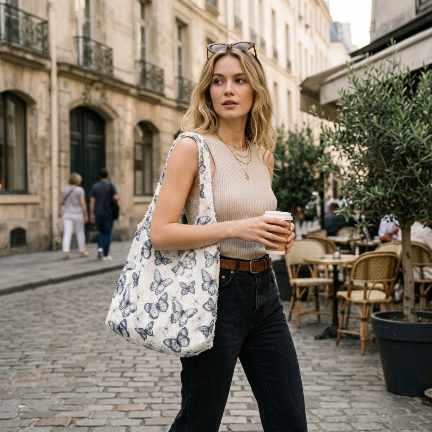 Butterfly Print Hobo Tote Bag with Lace Texture and Shoulder Handle