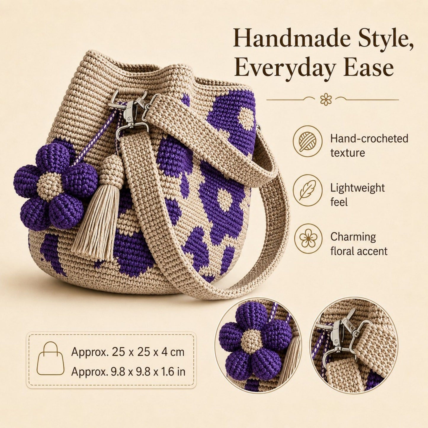 Crochet Floral Bucket Bag with Tassel Charm and Shoulder Strap