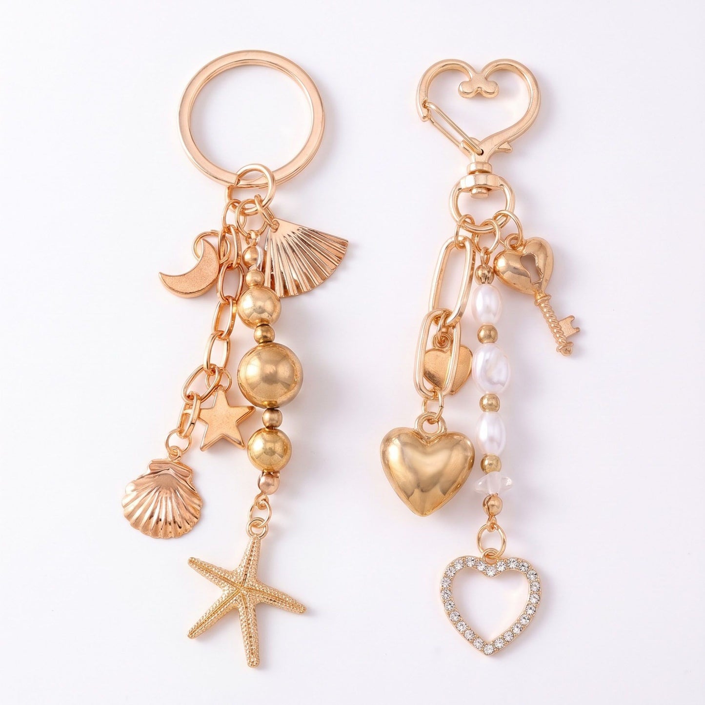 Gold-Tone Ocean & Heart Multi-Charm Bag Charm Key Chain Set 2 Pair