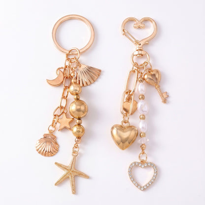 Gold-Tone Ocean & Heart Multi-Charm Bag Charm Key Chain Set 2 Pair