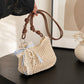 Decorative Woven Crossbody Bag with Pearl Charm, Scarf Accent and Zip Closure
