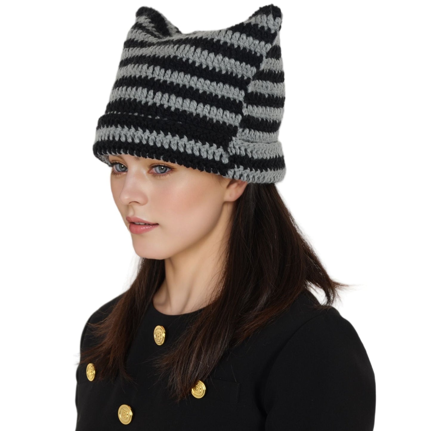 Vintage Crochet Hats Cute Cat Ear Striped Slouchy Beanies Cap for Women and Grey