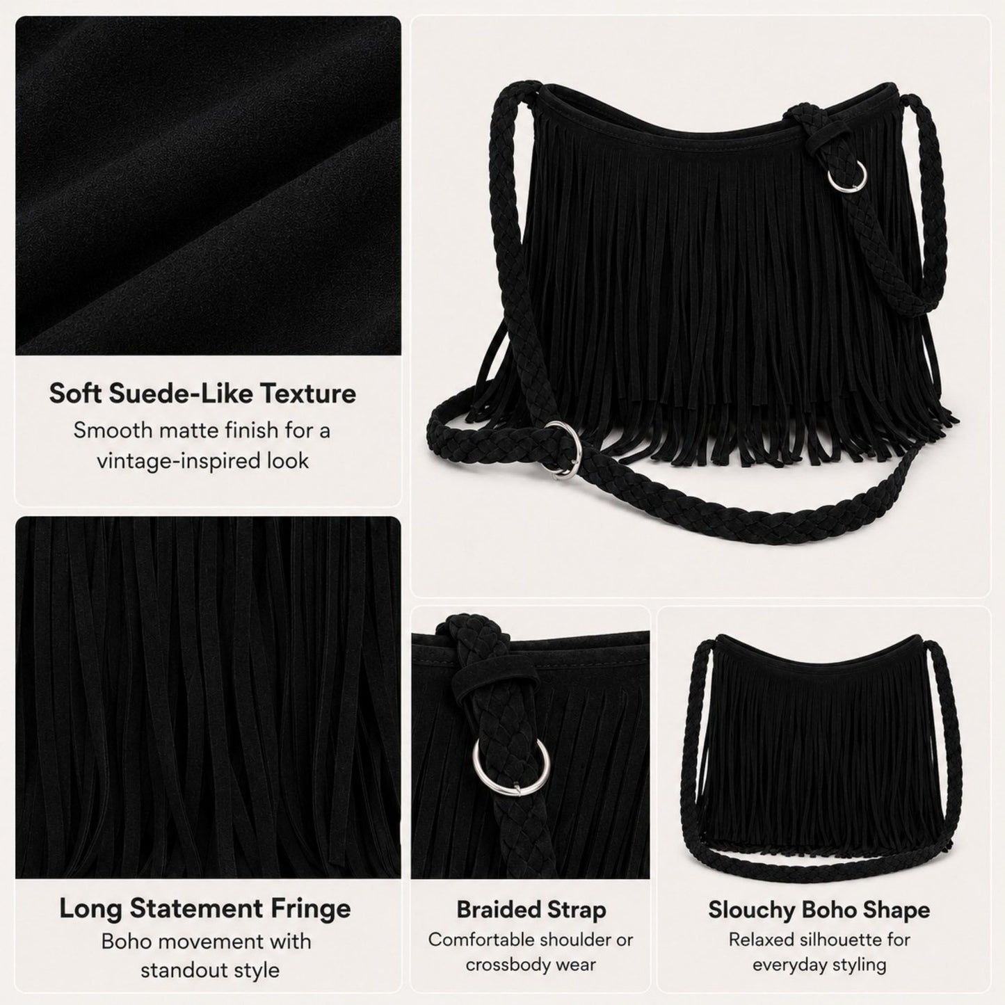 Fringe Crossbody Bag Black Suede Look Boho Shoulder Purse with Braided Strap