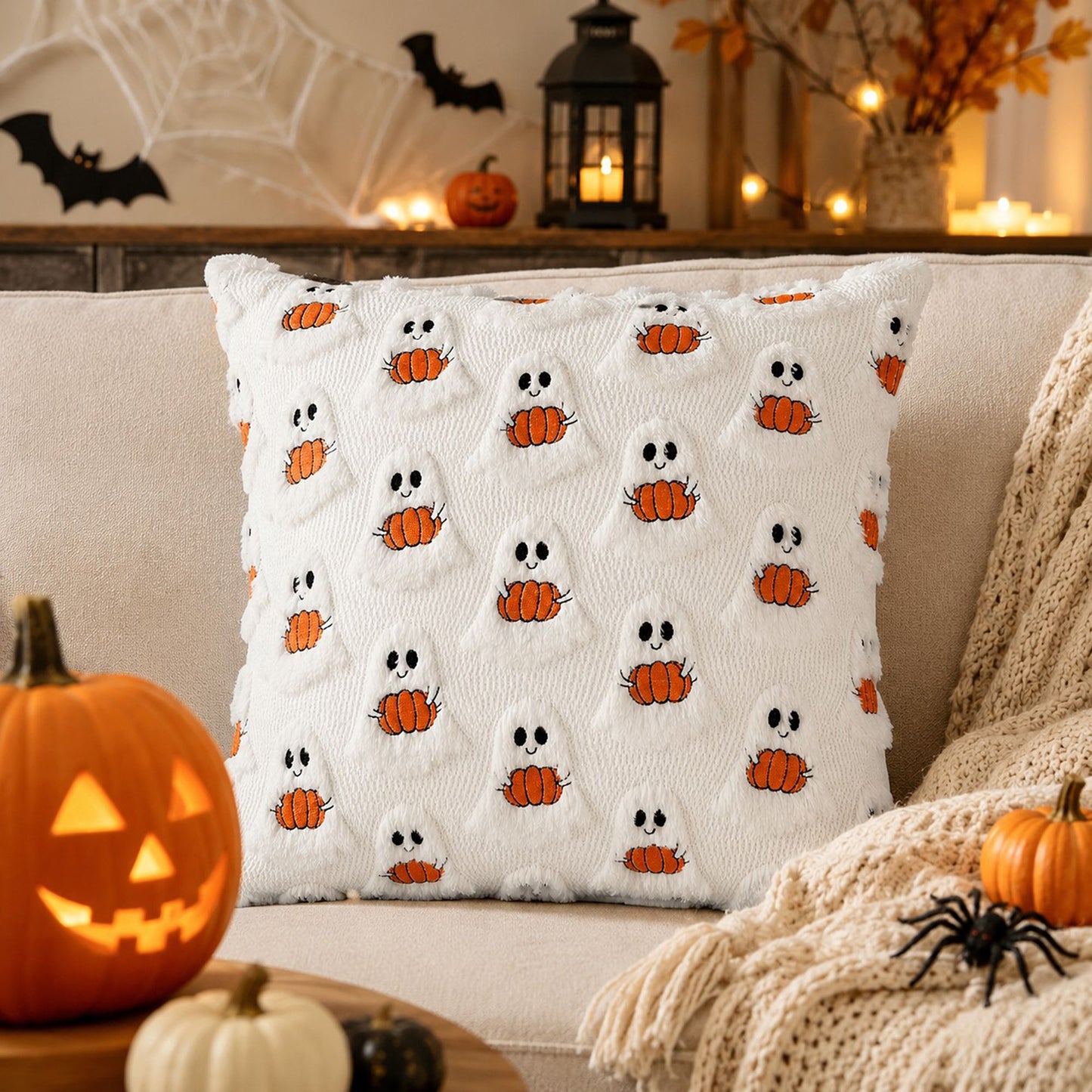 Halloween Pumpkin Ghost Textured Decorative Throw Pillow Cover for Sofa Bed Chair