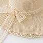 Wide Brim Sun Hat with Lace Bow and Pearl Trim