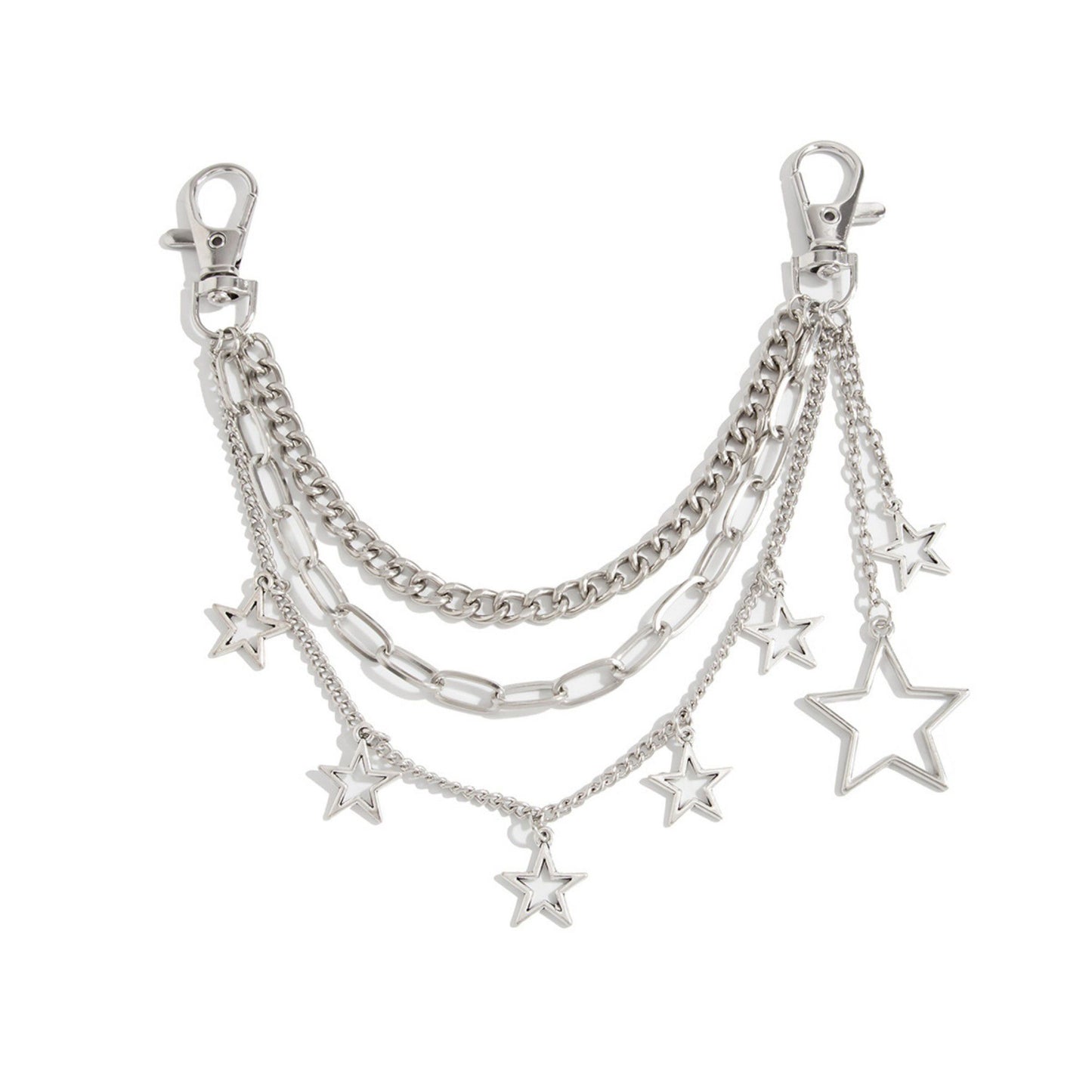 Star Chain Bag Charm with Layered Silver Tone Chains Clips and Hanging Star Pendants