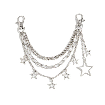 Star Chain Bag Charm with Layered Silver Tone Chains Clips and Hanging Star Pendants