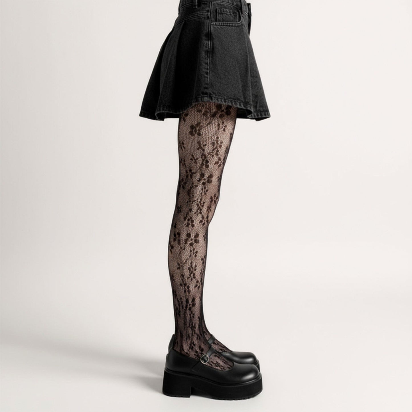 Floral Lace Pattern Tights with Sheer Mesh Texture and Stretch Fit