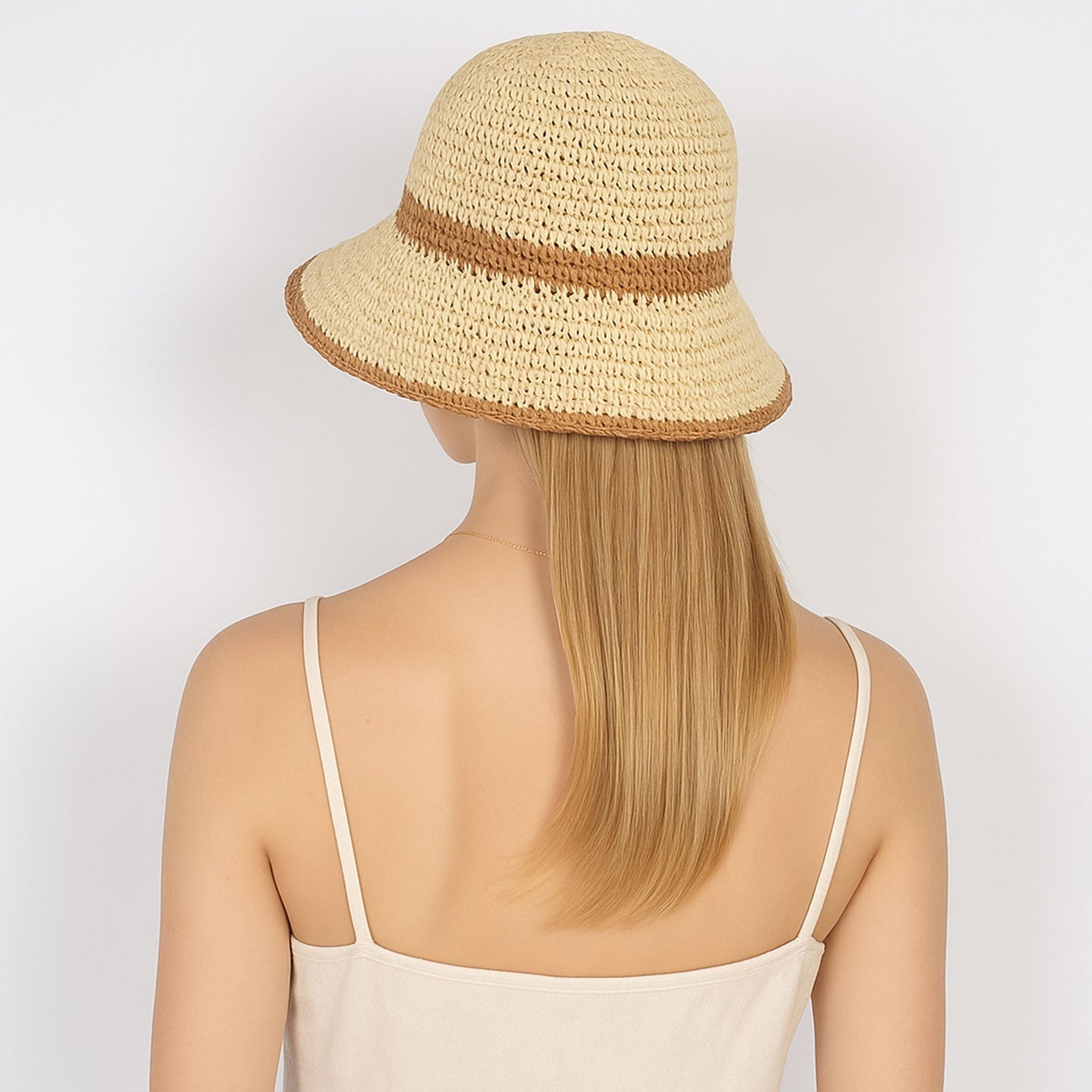 Packable Crochet Straw Bucket Hat with Two-Tone Design Lightweight Summer Sun Hat for Beach Travel Hiking Outdoor Use
