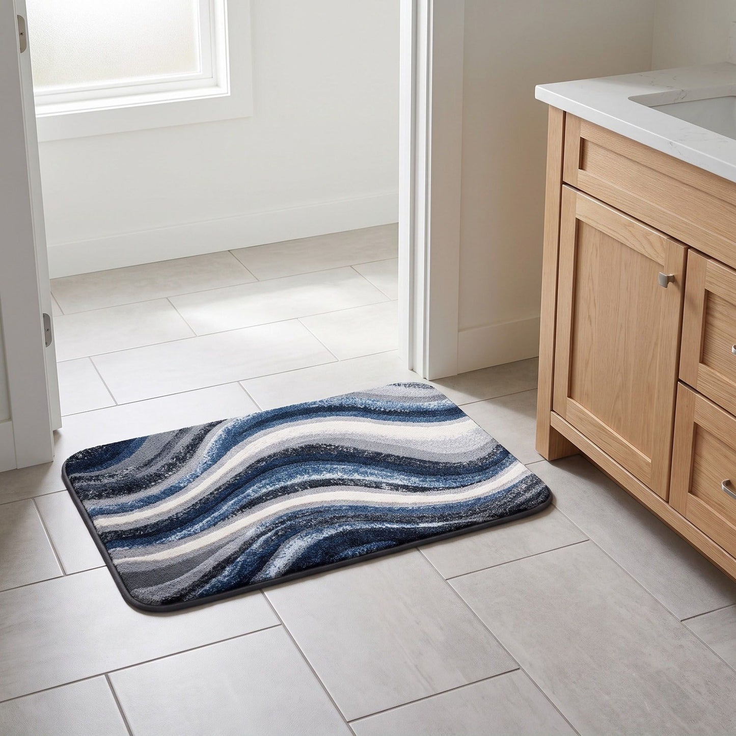 Abstract Navy Blue Wave Plush Bathroom Mat with Swirling Line Design