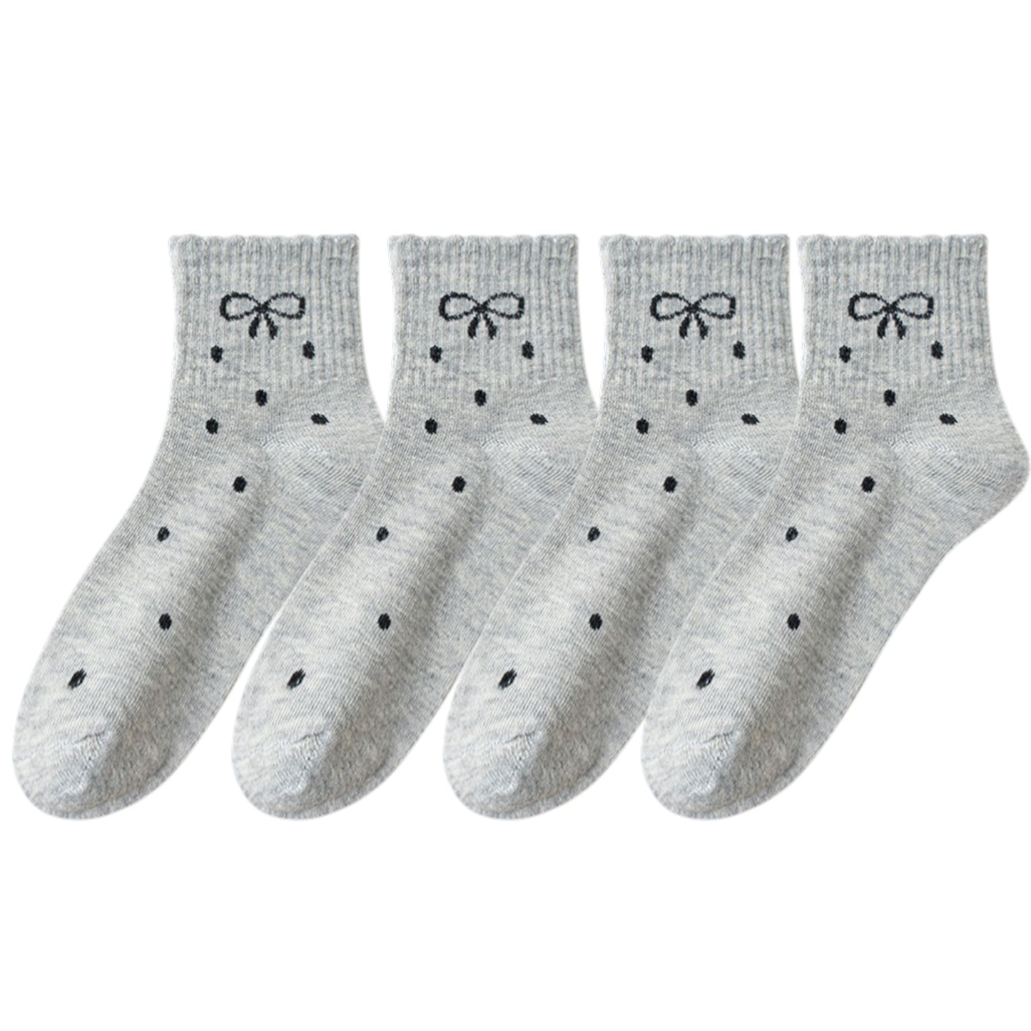 Soft Cotton Ankle Socks with Bow Embroidery Polka Dot Design 4 Pairs