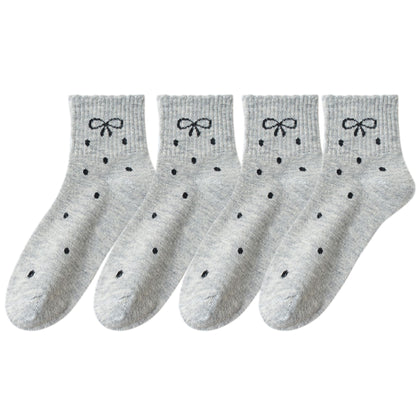 Soft Cotton Ankle Socks with Bow Embroidery Polka Dot Design 4 Pairs