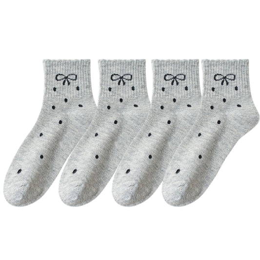 Soft Cotton Ankle Socks with Bow Embroidery Polka Dot Design 4 Pairs