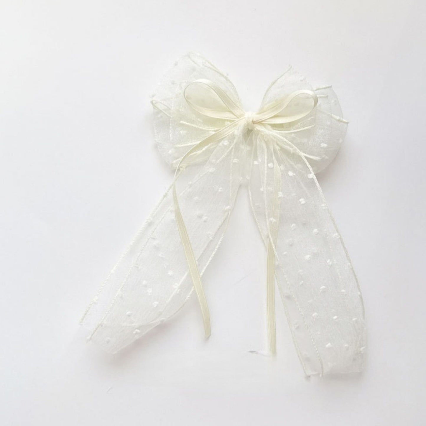 Sheer Polka Dot Bow Hair Clip with Layered Tulle Design and Long Ribbon Tails