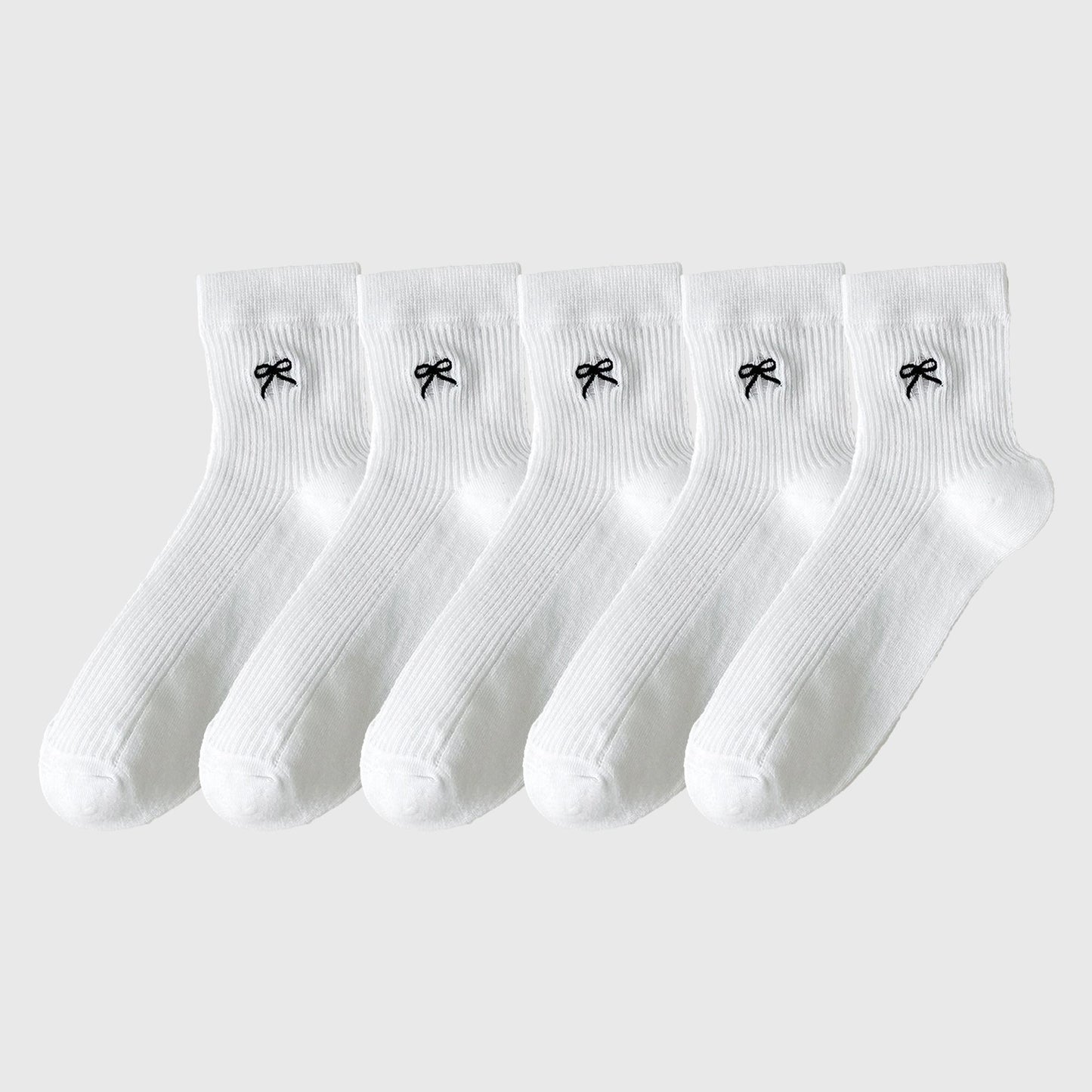 Ribbed Ankle Socks with Bow Embroidery 5Pk