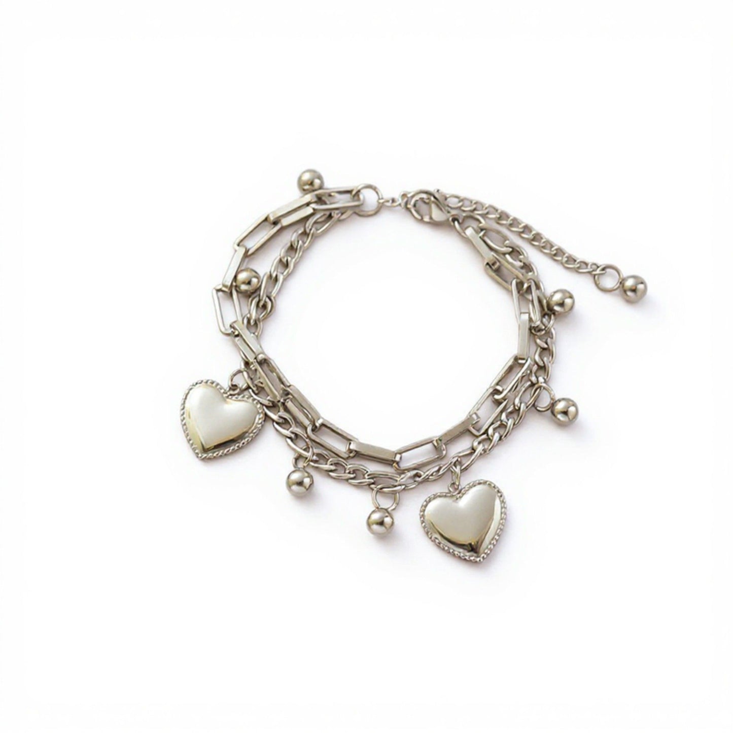 Layered Chain Bracelet with Dual Heart Charms and Dangling Bead Accents for a Playful Feminine Accessory with Modern Detail