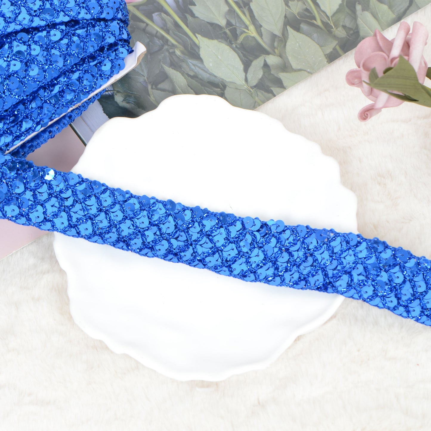 Sewing Sequin Trim 1.2 Inch 6 Row, 25 Yards Glitter Sequin Strip Ribbon Metallic Stretch Bling Fabric DIY Craft Decoration