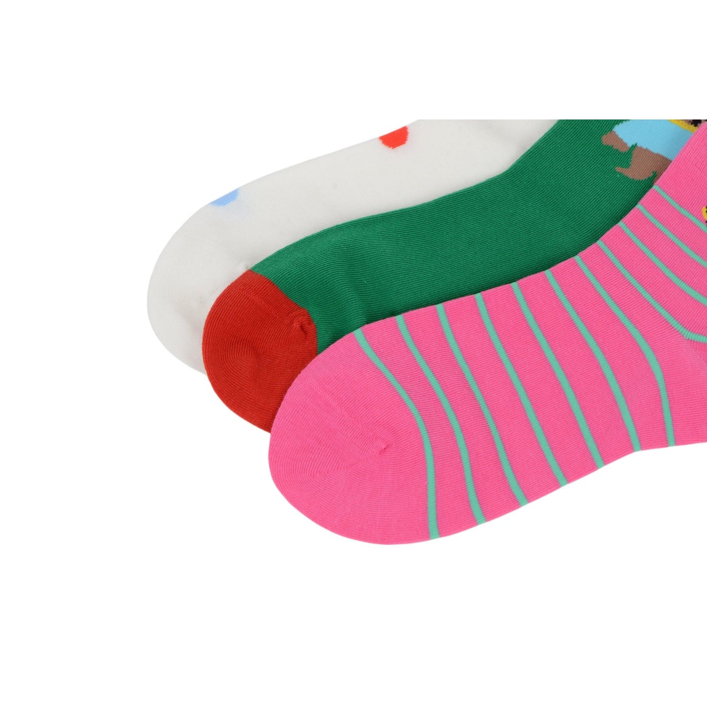 Renaissance Women 3-Pair Ankle Socks Set Assorted Patterns Featuring Colorblock, Cartoon Characters, and Butterfly Prints