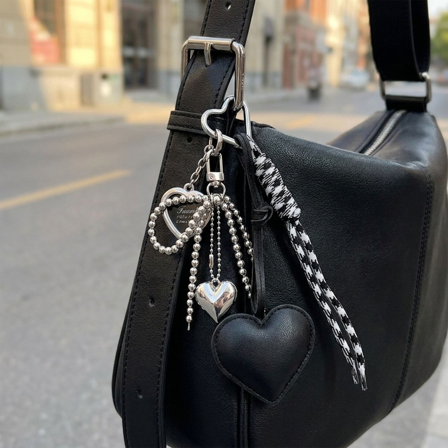 Heart Bag Charm Keychain with Beaded Bow Accent Clip and Faux Leather Heart Pendant