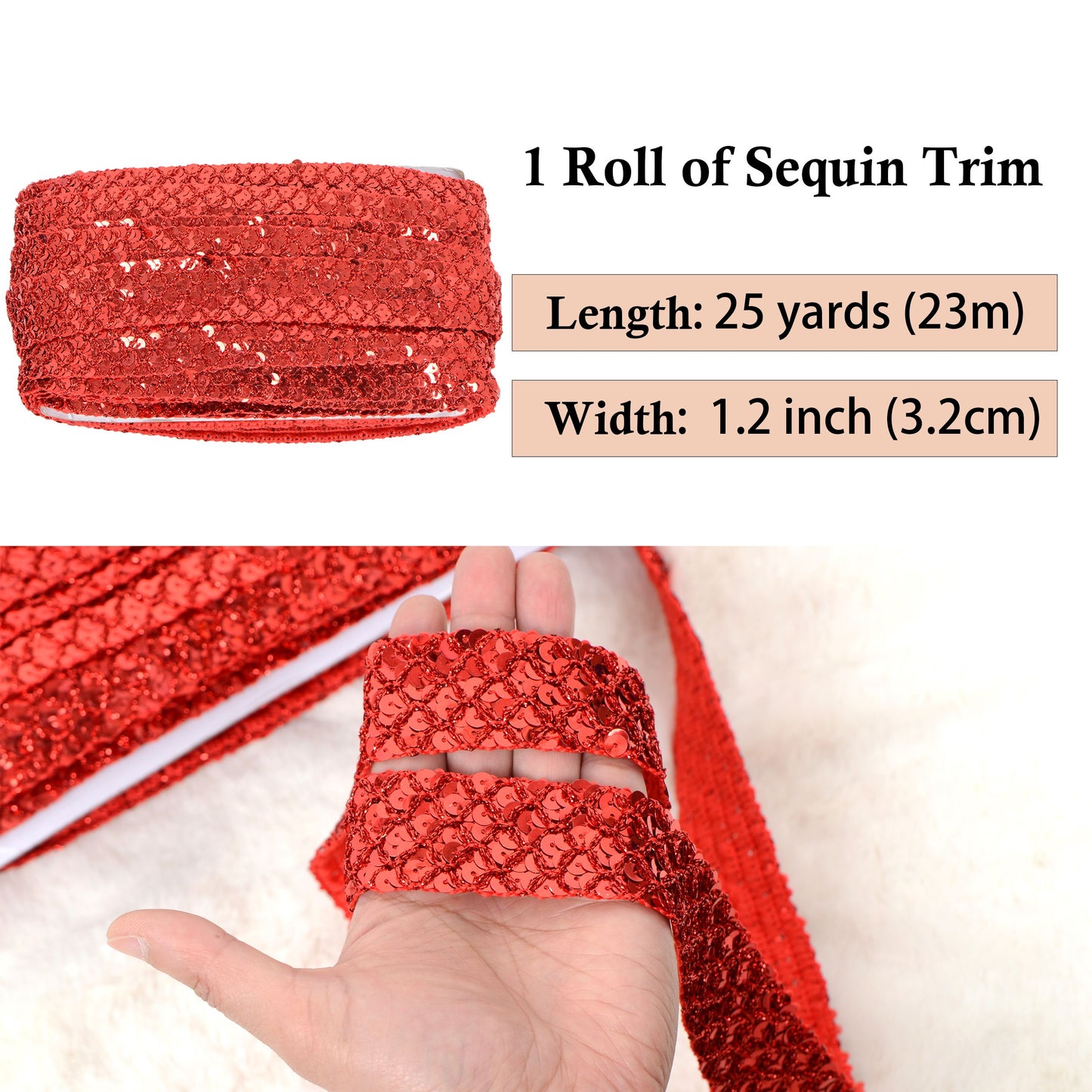 Sewing Sequin Trim 1.2 Inch 6 Row, 25 Yards Glitter Sequin Strip Ribbon Metallic Stretch Bling Fabric DIY Craft Decoration