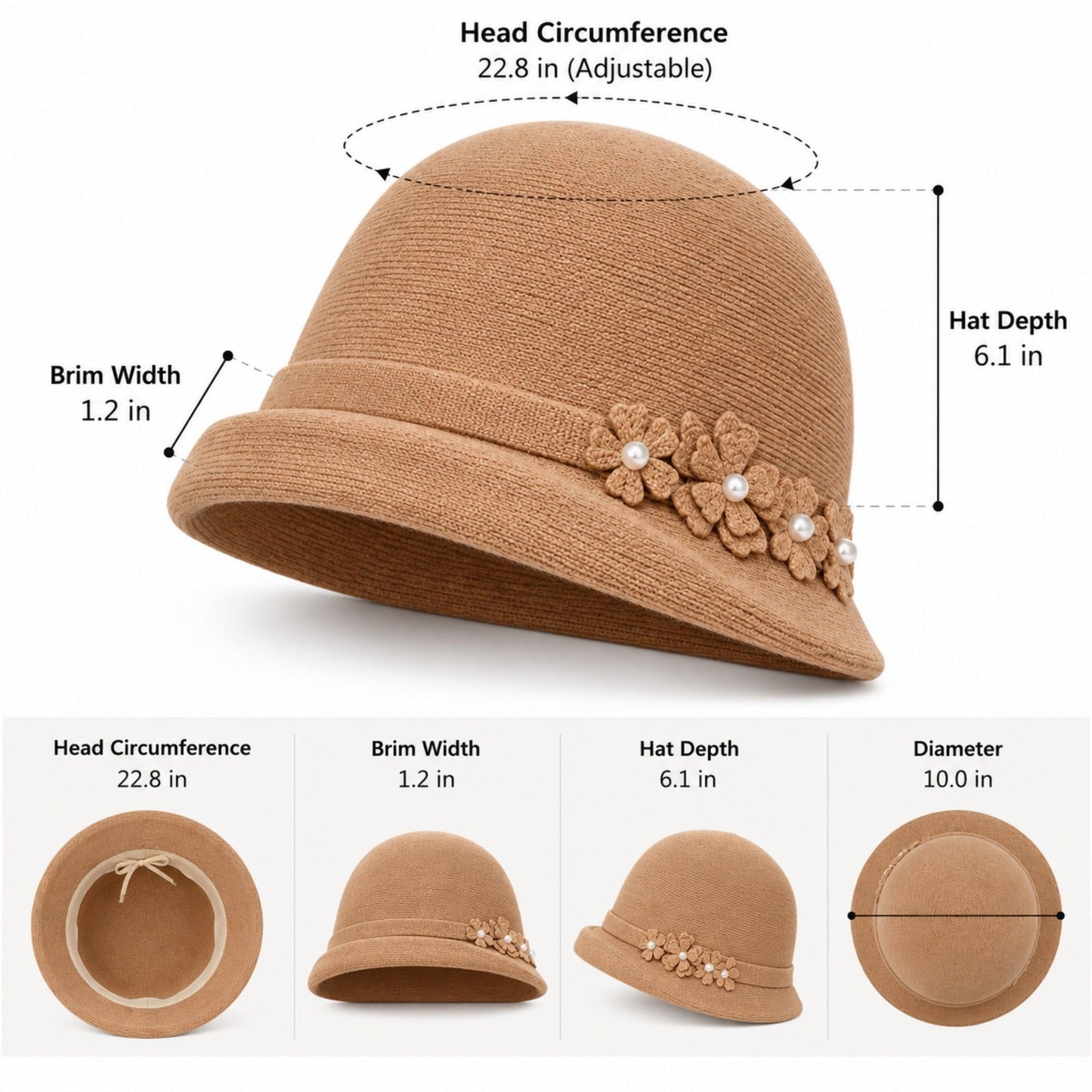 Floral Pearl Accent Cloche Hat Adjustable Brim Dress Hat