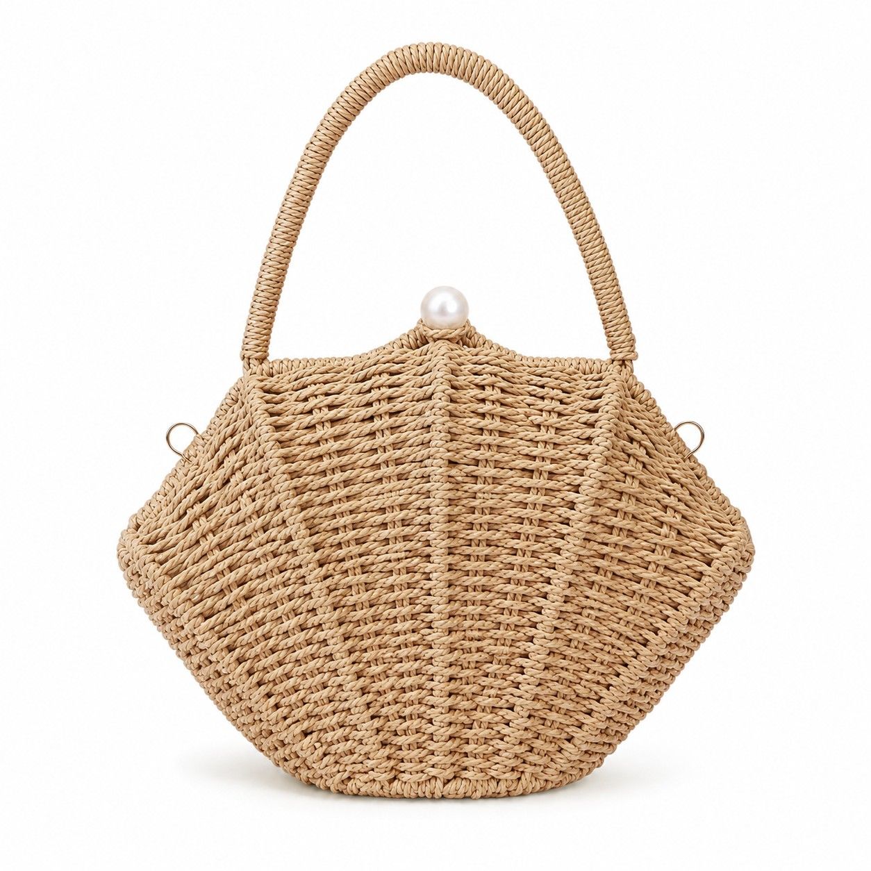Shell Woven Top Handle Bag with Pearl Button and Detachable Chain Strap