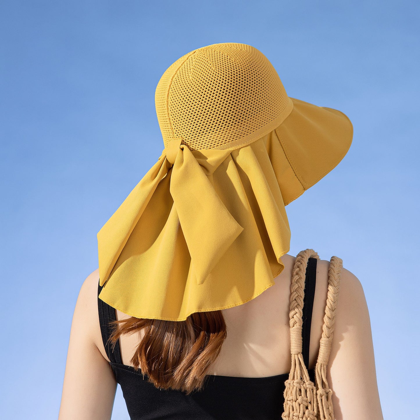 Womens Mesh Panel Wide Brim Sun Hat with Back Flap UV Protection and Tie Detail for Outdoor Activities