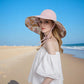 Wide Brim Sun Hat with Ponytail Hole Neck Tie Closure and Patterned Lining for UV Protection and Outdoor Style