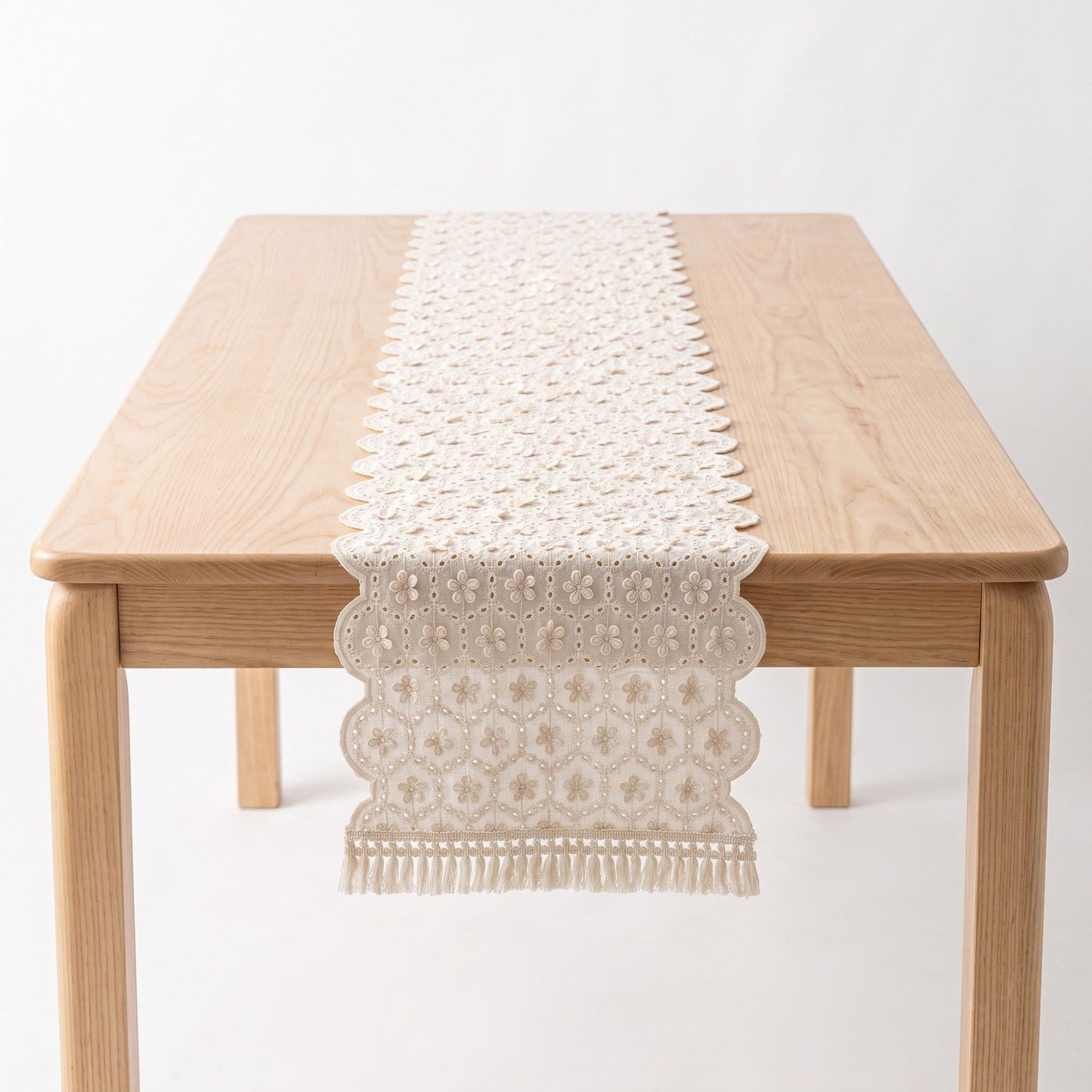 Ivory Floral Embroidered Table Runner with Fringe 13x47.2in