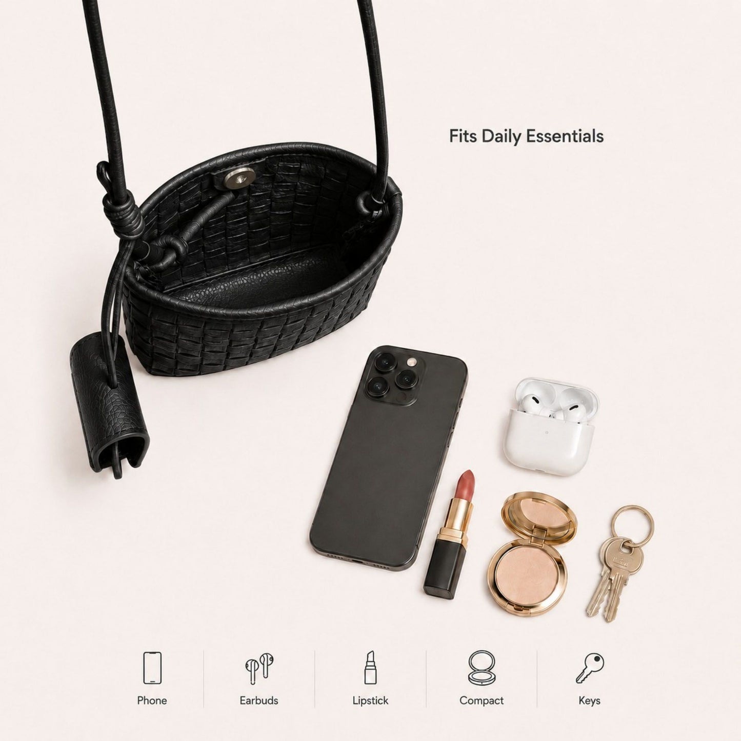 Woven Mini Crossbody Phone Bag with Long Strap and Small Pouch