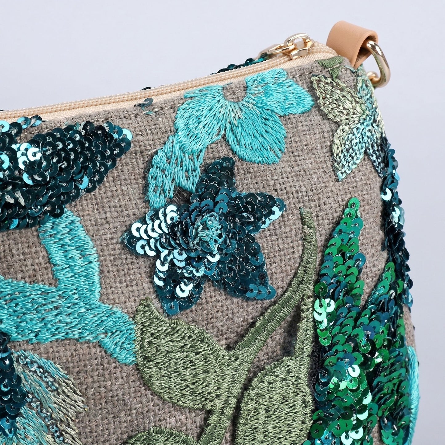 Floral Embroidered Sequin Shoulder Bag with Chain Strap Curved Silhouette