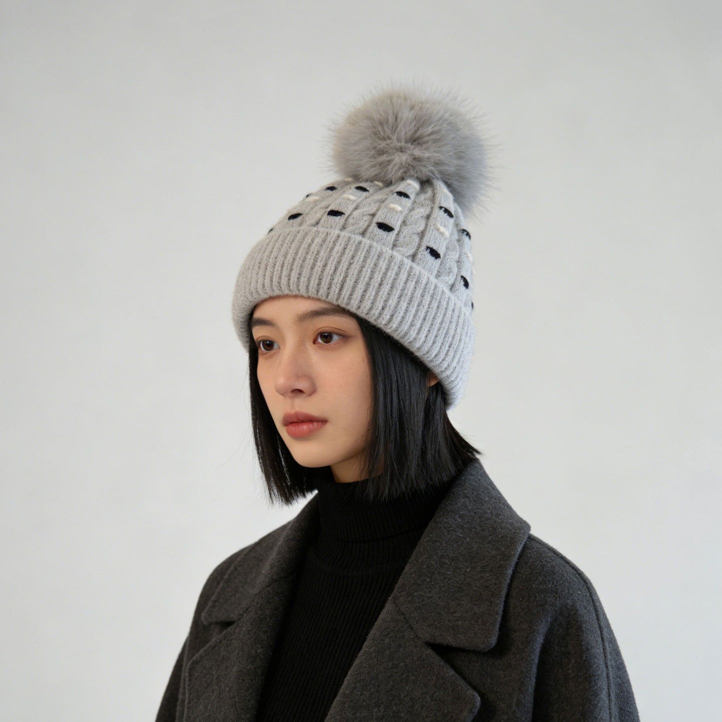 Knit Beanie with Large Faux Fur Pom-Pom - Winter Hat with Embroidered Accents