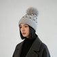 Knit Beanie with Large Faux Fur Pom-Pom - Winter Hat with Embroidered Accents