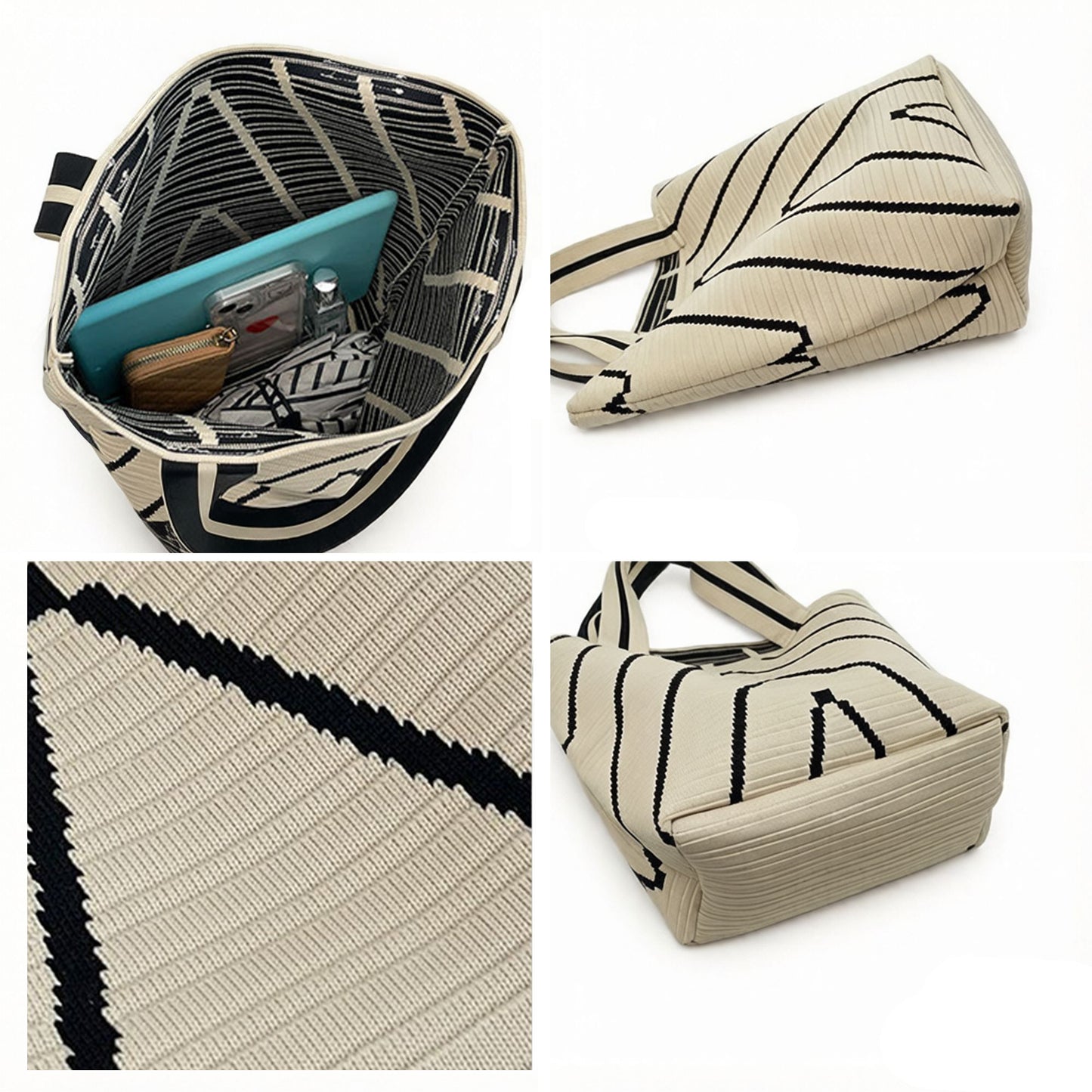 Geometric Stripe Knit Tote Bag with Long Shoulder Straps