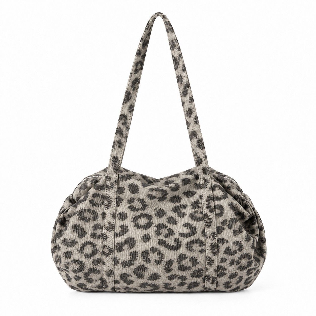 Leopard Print Barrel Shoulder Bag with Zip Closure and Interior Pockets