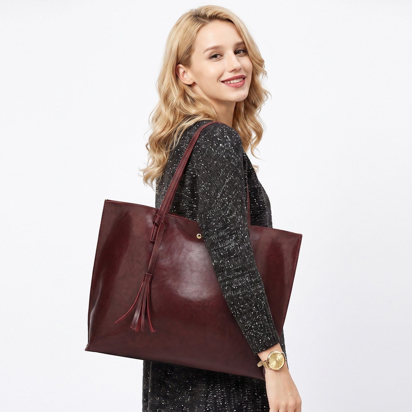 Large Faux Leather Shoulder Tote Bag with Tassel and Magnetic Snap Closure