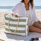 Striped Beach Tote Bag with Zip Closure Rope Handles and Side Pockets