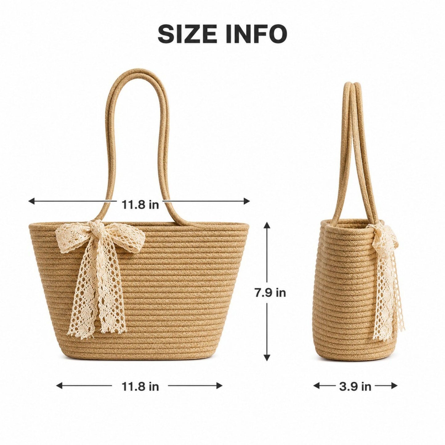 Woven Straw Style Tote Bag Large Capacity Shoulder Bag with Lace Bow Detail