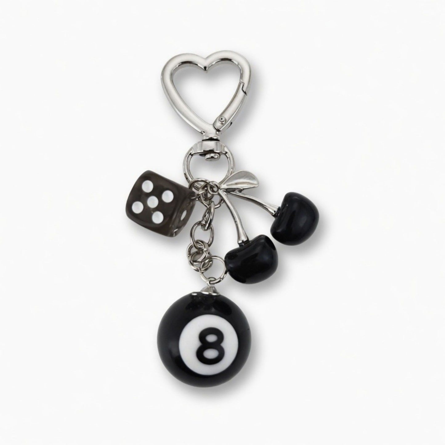 8 Ball Cherry Dice Charm Keychain with Heart Clip Novelty Bag Charm Key Ring Accessory
