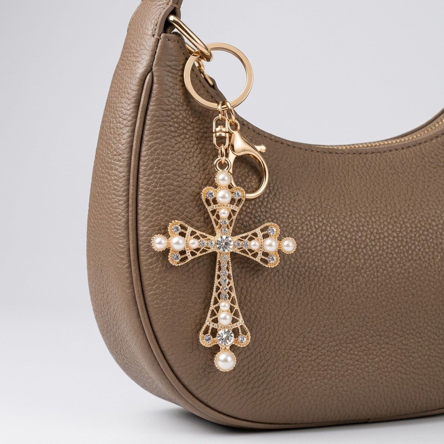 2pc Cross Pearl Rhinestone Keychain Bag Charm with Lobster Clasp and Key Ring