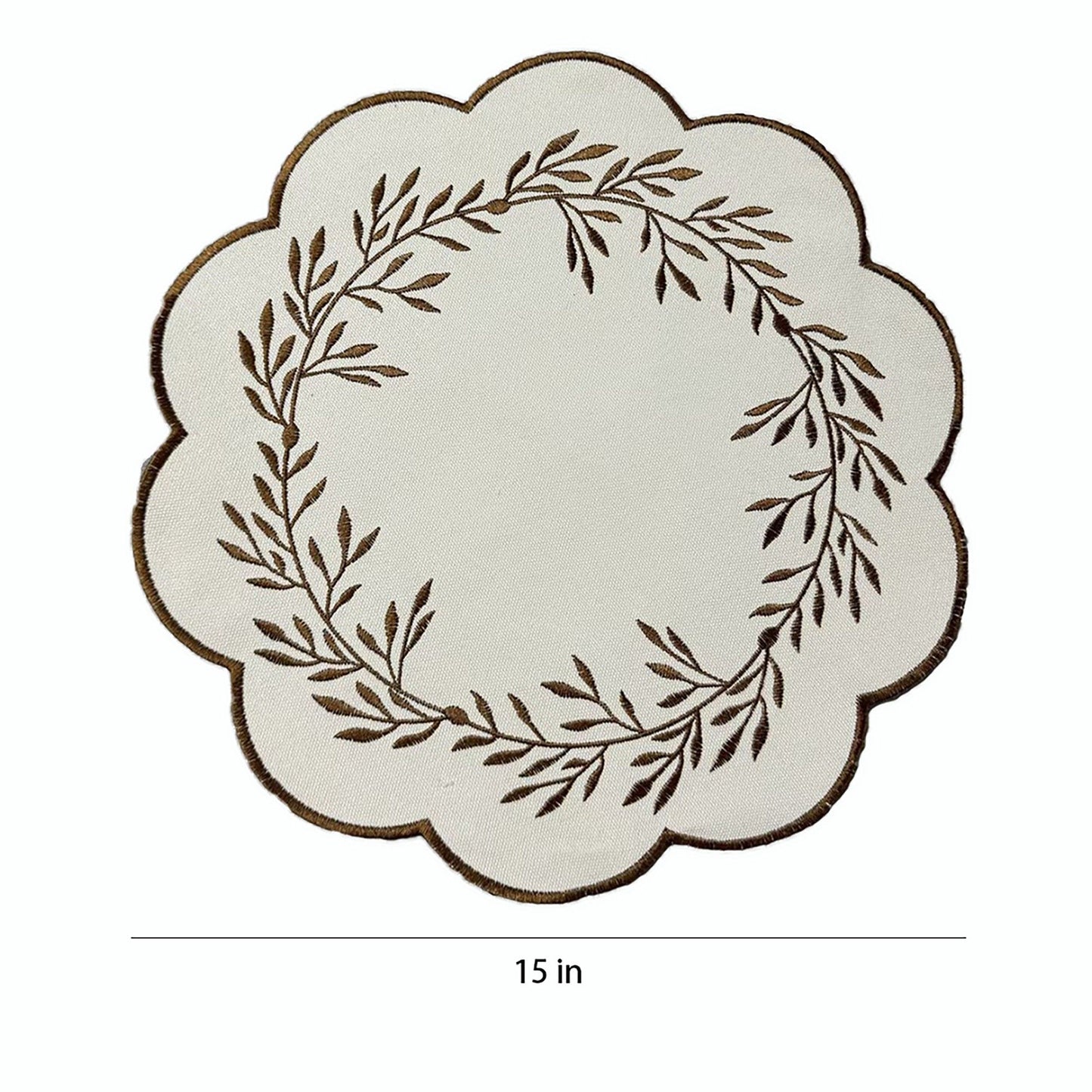 4 Piece Embroidered Floral Placemat Set Scalloped Edge Linen Look Table Mats for Dining Table